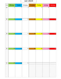 Månadskalender juli 2024 med färgremsa