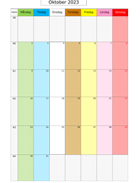 Månadskalender oktober 2023 med färg
