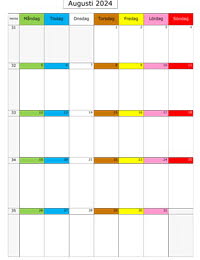 Månadskalender augusti 2024 med färgremsa