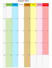 Månadskalender augusti 2023 med färg