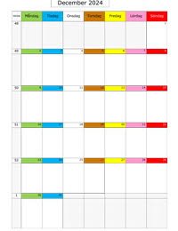 Månadskalender december 2024 med färgremsa