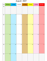 Månadskalender augusti 2027 med färg