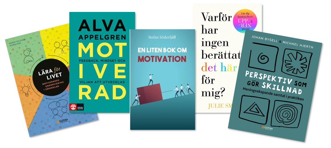 Collage med fem framsidor på böcker om motivation