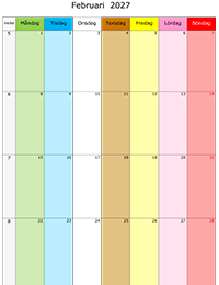 Månadskalender februari 2027 med färg