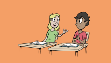 illustration av två klasskompisar som sitter vid varsin bänk