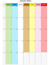 Månadskalender januari 2024 med färg