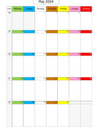 Månadskalender maj 2024 med färgremsa