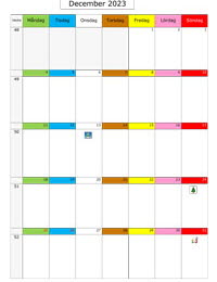 Månadskalender december 2023 med färgremsa