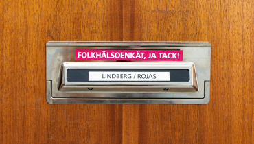 Ett brevinkast på en trädörr, med namnen Linberg/Rojas och en klisterlapp där det står Folkhälsoenkät, ja tack