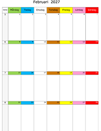 Månadskalender februari 2027 färgremsa