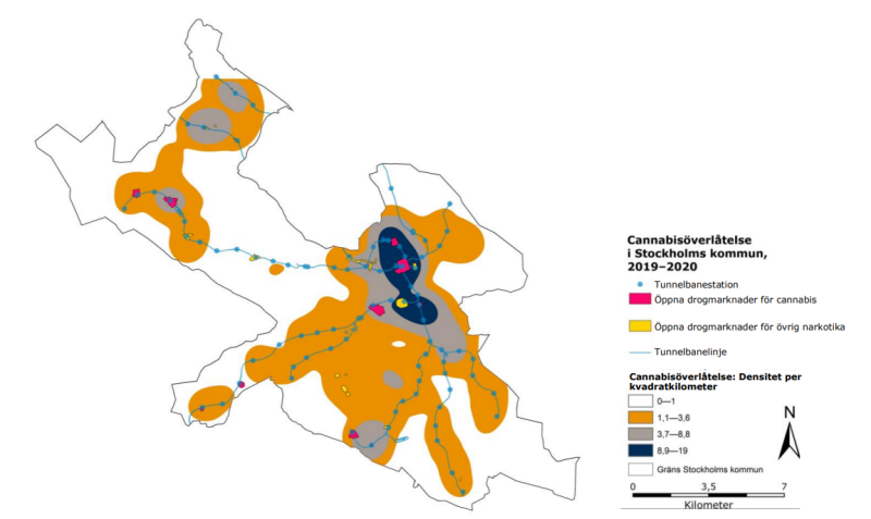 En karta över förekomsten av cannabislangning i Stockholms kommun. Kartan visar att langning förekommen i hela kommunen men allra mest i innerstadsområdet. 