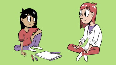 Tecknad bild av två ungdomar som sitter på golvet och tecknar