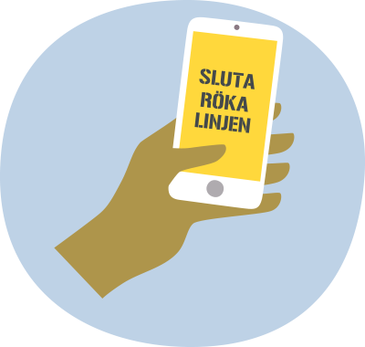 Hand med smarthone, med bild på Sluta-Röka-Linjens logotyp på