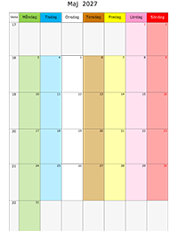 Månadskalender maj 2027 med färg