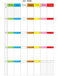 Månadskalender med färgremsa juli 2026