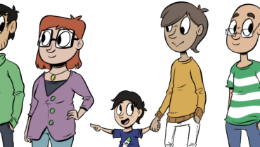 Tecknad bild av fem föräldrar. En förälder håller ett barn i handen.