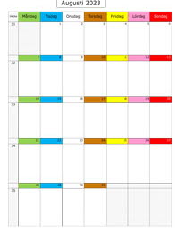 Månadskalender augusti 2023 med färgremsa