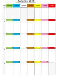 Månadskalender september 2023 med färgremsa