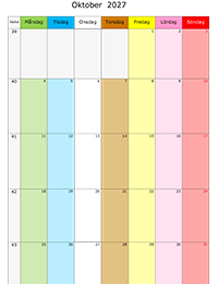 Månadskalender oktober 2027 med färg
