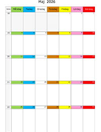 Månadskalender med färgremsa maj 2026