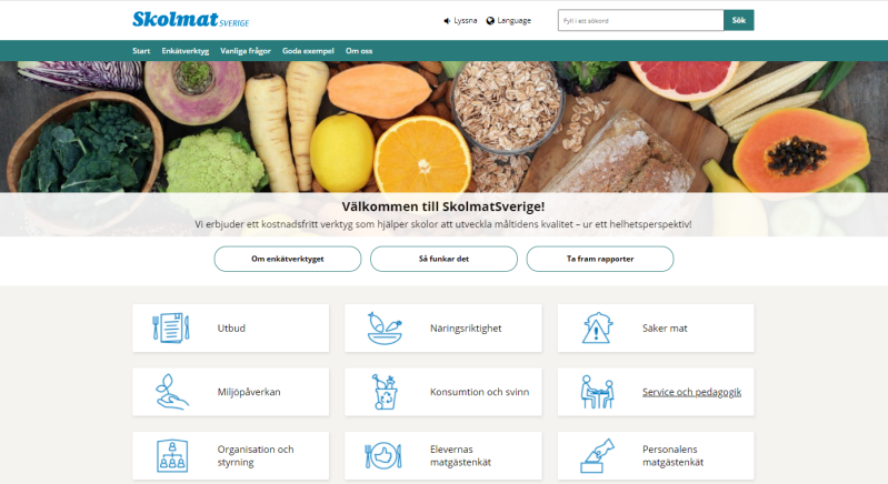 Bild av förstasidan på skolmatsverige.se. Bild på mat och knappar med webbsidans innehåll.