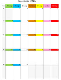 Månadskalender med färgremsa september 2026