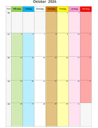 Månadskalender med färg oktober 2026