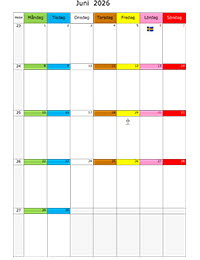 Månadskalender med färgremsa juni 2026