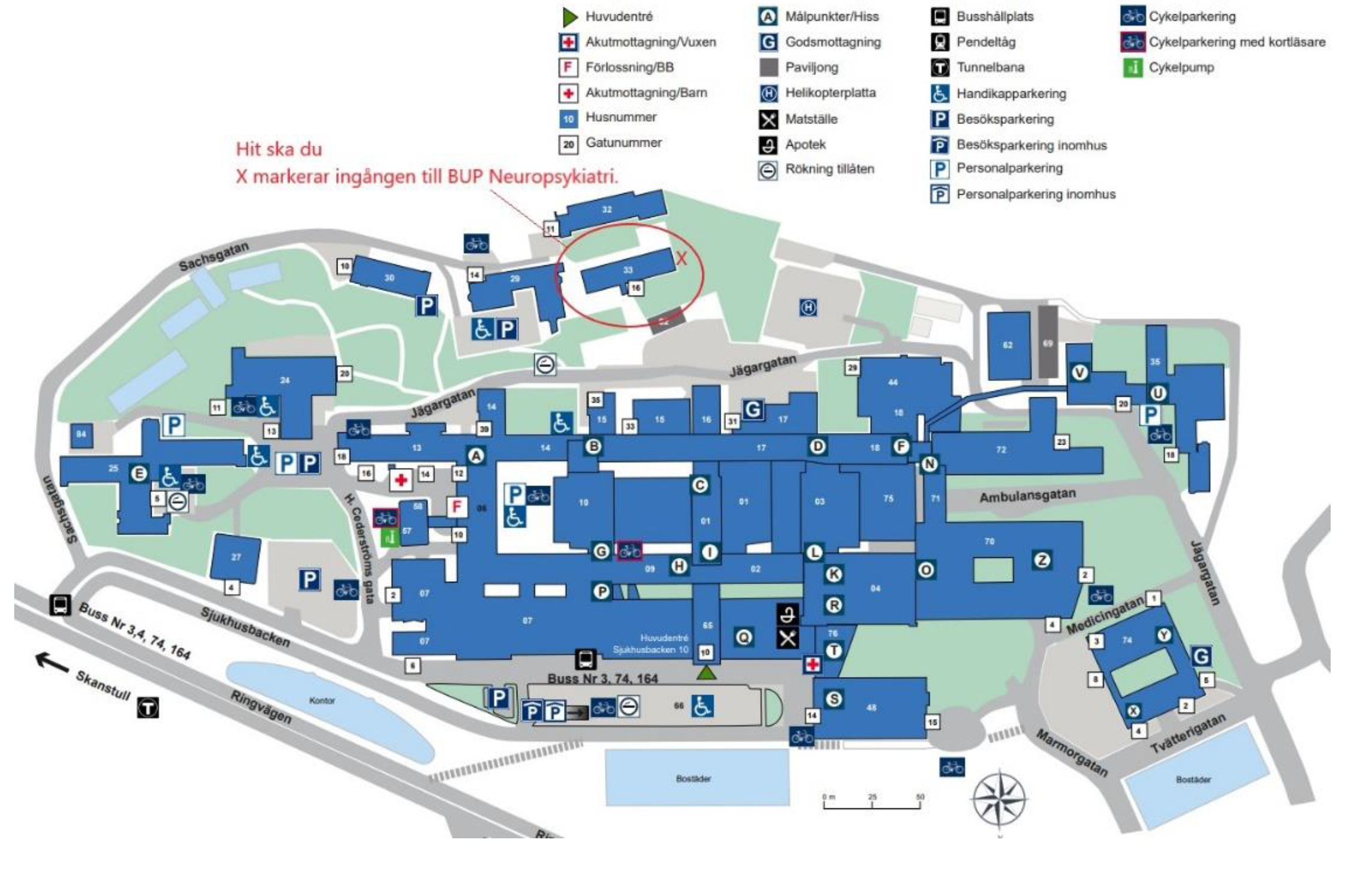 Bilden visar en karta över Södersjukhuset och BUP Stockholm