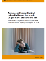 Skärmdump av omslag till CES rapport 2024:2 Autismspektrumtillstånd och adhd bland barn och ungdomar i Stockholms län