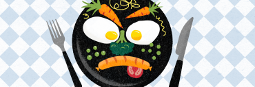 Tecknad humoristisk bild av en tallrik med mat. Korv, ägg och grönsaker är upplagda så att de formar ett argt ansikte. 