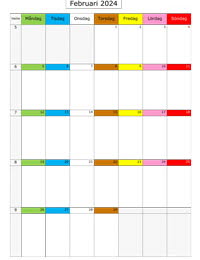 Månadskalender februari 2024 med färgremsa