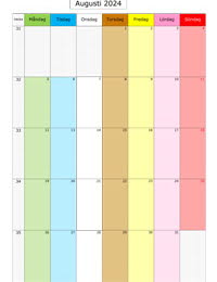 Månadskalender augusti 2024 med färg