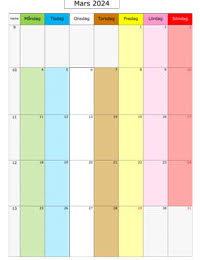 Månadskalender mars 2024 med färg