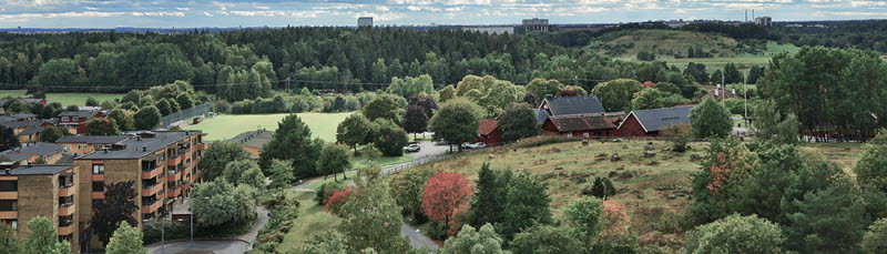 Fotografi av bostadsområden i grönområde, Stockholm, förort.