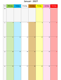 Månadskalender januari 2027 med färg