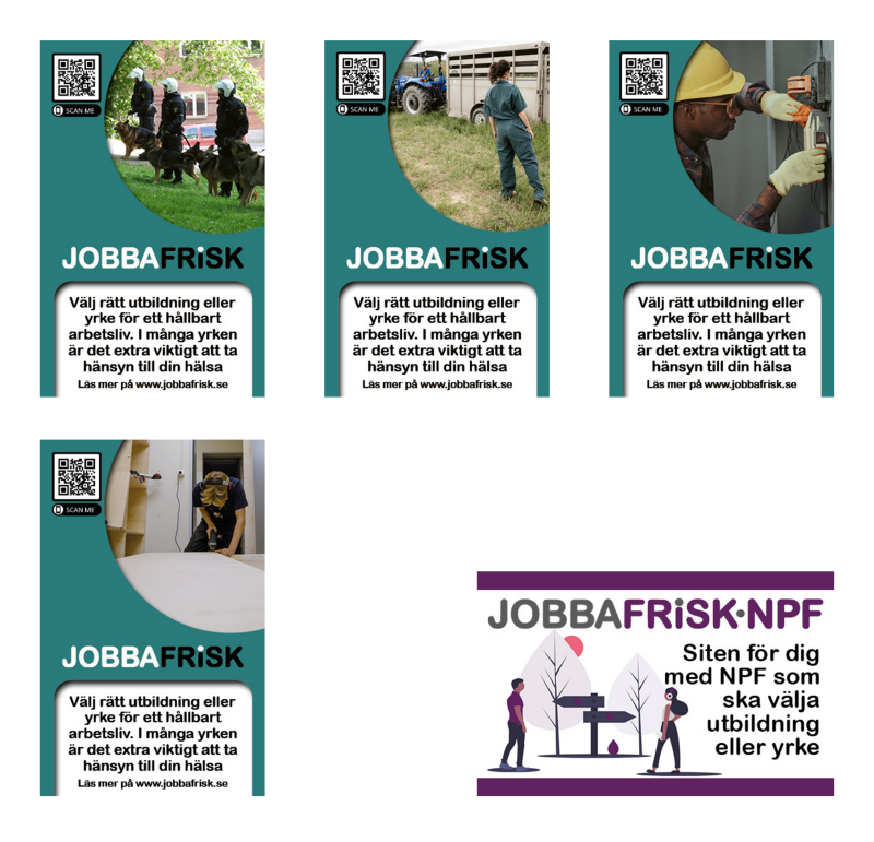 Bild av de olika informationsflyersarna man kan beställa för JobbaFrisk och JobbaFriskNPF