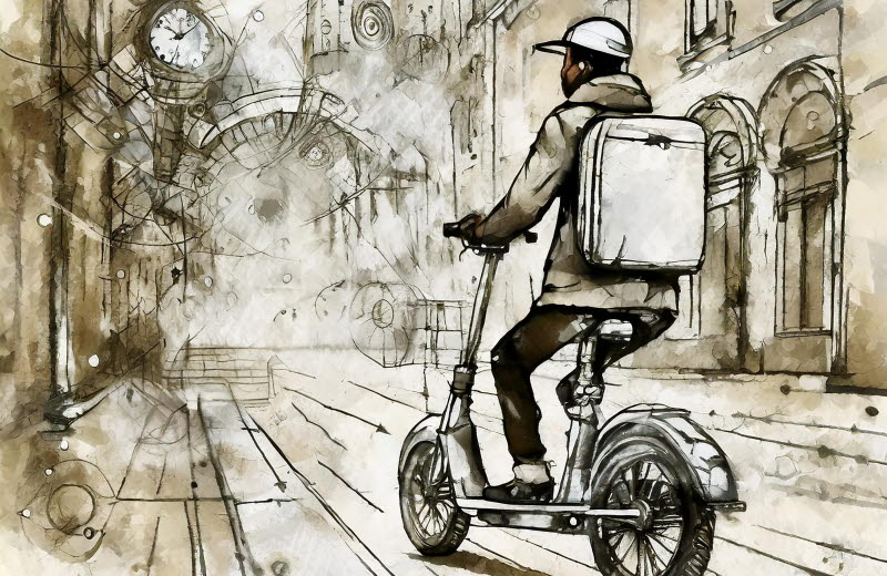 Manligt mopedbud med stor ryggsäck. Bearbetad AI illustration med en futuristisk känsla till Arbetshälsorapporten 2024 i en svart och beige färgskala.