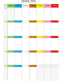 Månadskalender oktober 2024 med färgremsa