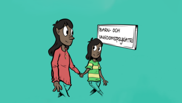 Illustration av ett barn med förälder som är på väg till BUP.