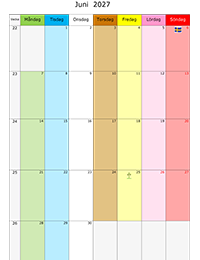 Månadskalender juni 2027 med färg