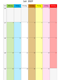 Månadskalender juli 2027 med färg