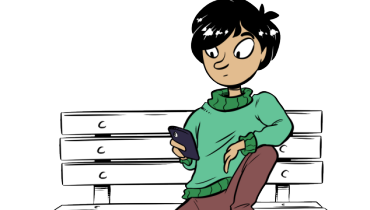 Tecknad bild på en ung person som sitter med sin mobil på en parkbänk