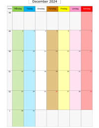 Månadskalender december 2024 med färg