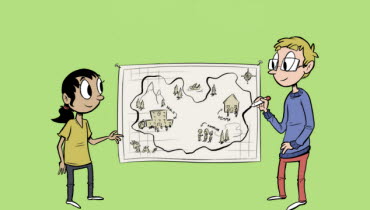 Illustration av ett barn och en psykolog som står framför en karta.