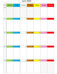 Månadskalender juni 2024 med färgremsa