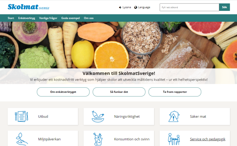 Bild av förstasidan på skolmatsverige.se. Bild på mat och knappar med webbsidans innehåll.