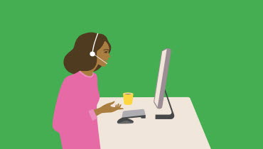 illustration av kvinna med headset som har ett samtal framför en datorskärm