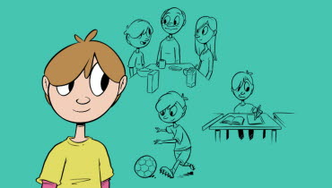 Tecknad bild av ett barn som funderar på lek, skola och vänner