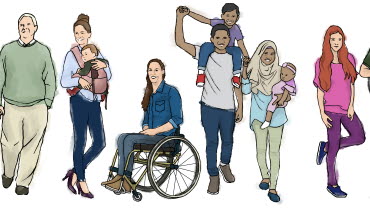 Illustration på olika personer med funktionsnedsättningar